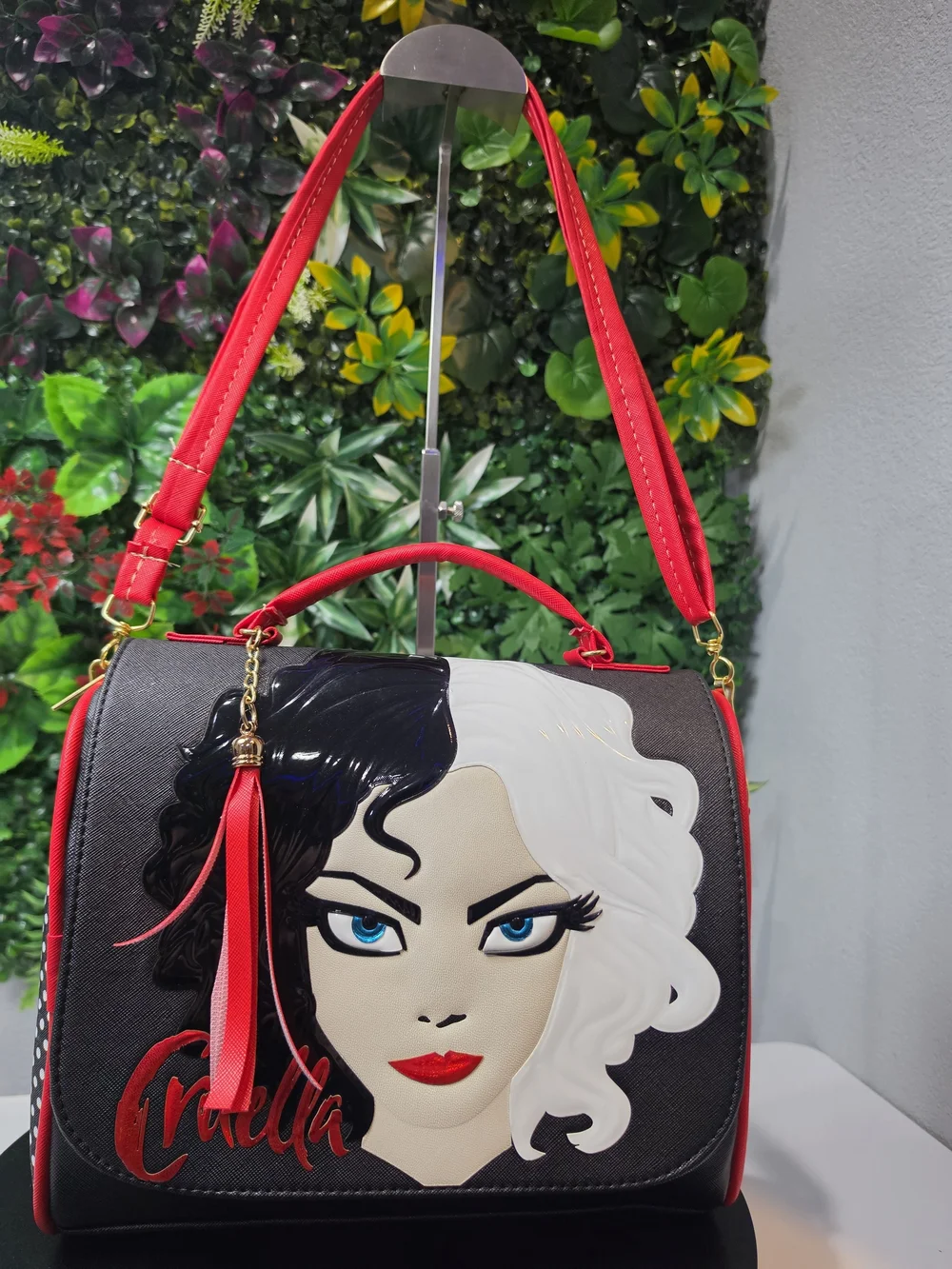 Black and Red Women's Satchel with Graphic Face Detail